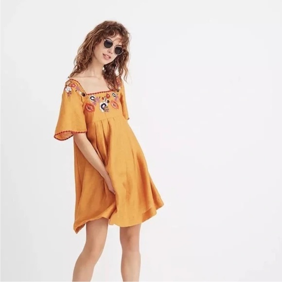 Madewell Orange Embroidered Square-Neck Mini Dress - Picture 1 of 15